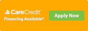 The image displays a banner with text advertising a financial service, specifically a credit union named  CareCredit,  offering financing options and an application link, set against a gradient background transitioning from white to orange.