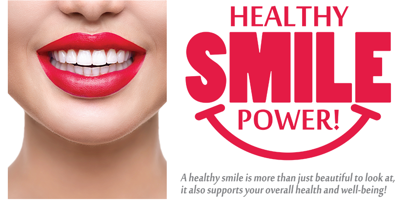 The image features a graphic with text and two photos  on the left, a woman s face with red lipstick  on the right, a close-up of a smiling mouth with red lipstick. The text includes the words  HEALTHY,   SMILE,  and  POWER  in various fonts and sizes.