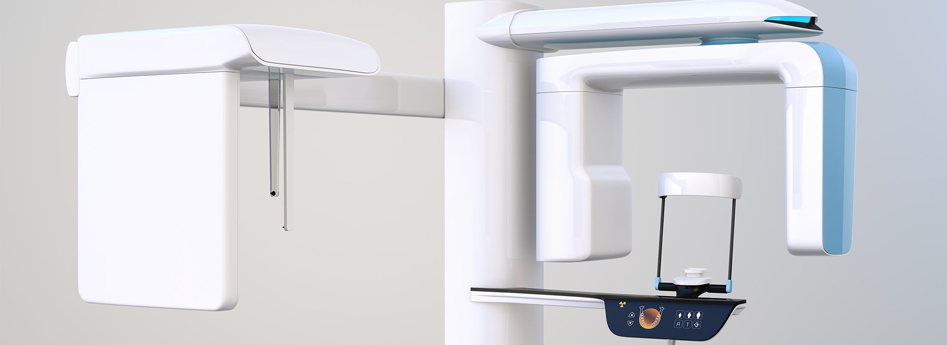 The image shows a white dental chair with an adjustable headrest, positioned next to a dental x-ray machine, all set against a neutral background.